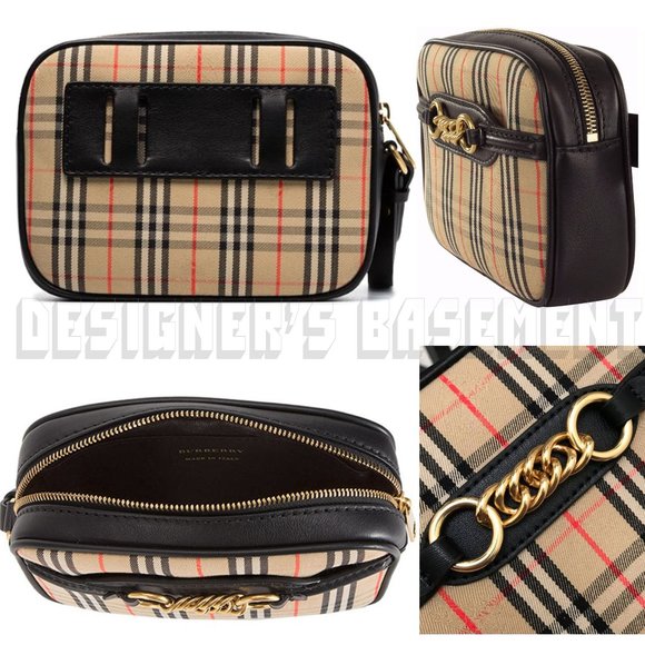 BURBERRY black leather LINK 1983 beige canvas Equestrian Knight Check Belt Bag - Picture 6 of 12